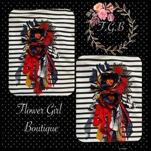 flower, mustard, navy blue and red